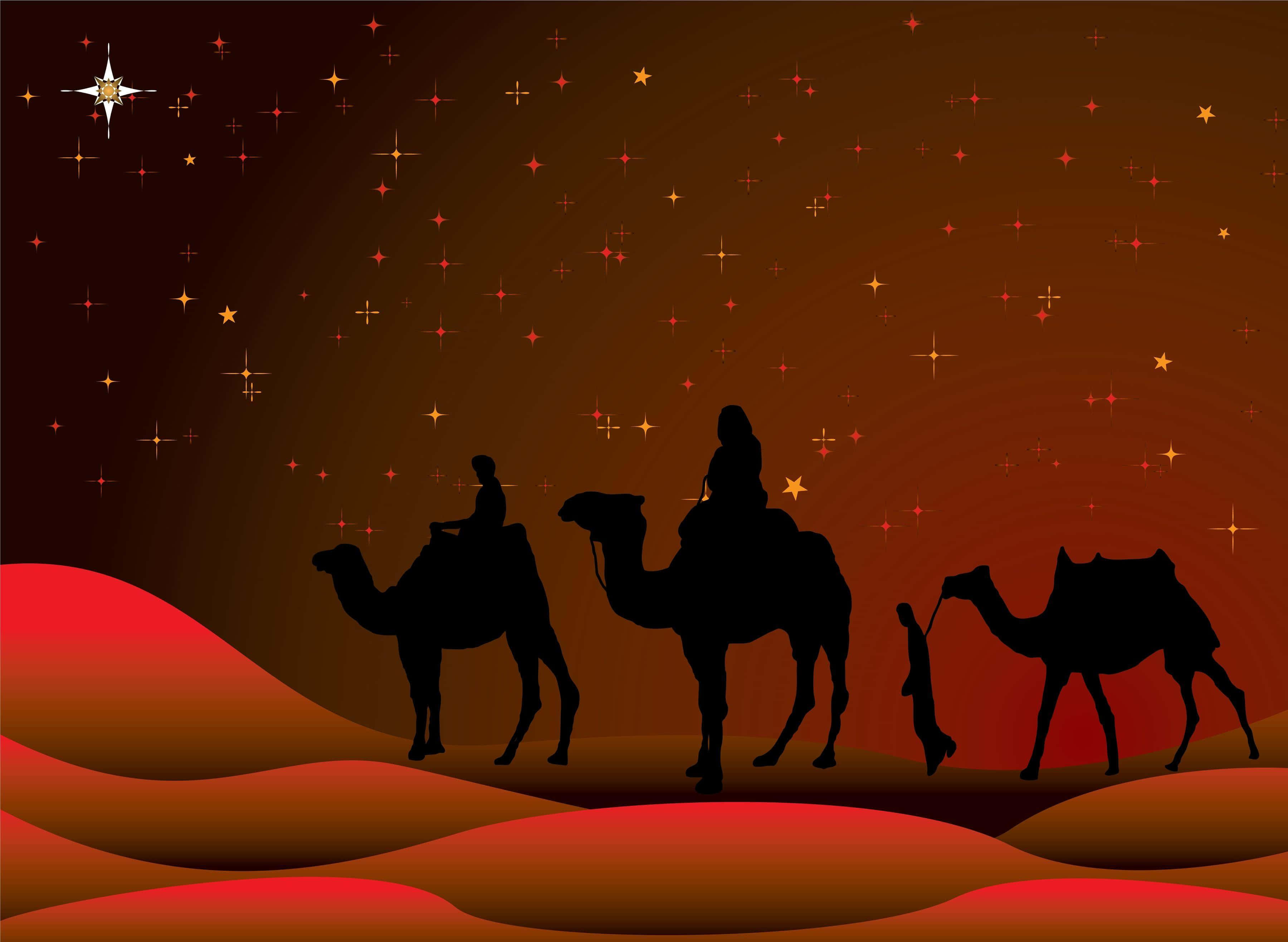 Three Wise Men, camels, red dunes, 2K Desktop Wallpaper