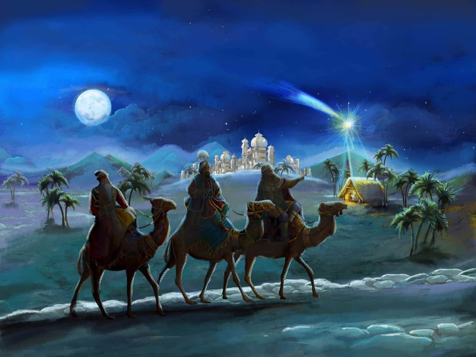 Three Wise Men, camels, full moon, HD Desktop Wallpaper