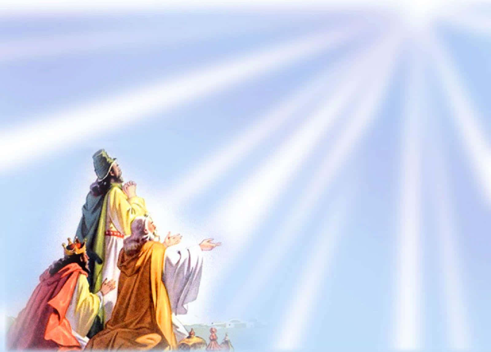 Three Wise Men, radiant white beams, bright blue sky, HD Desktop Wallpaper