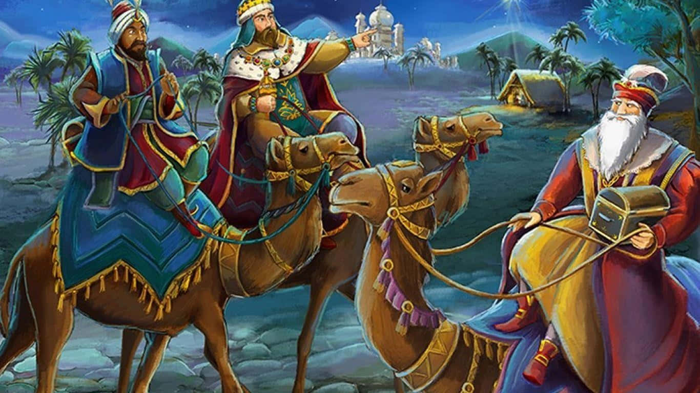 Three Wise Men, camels, moonlit desert, HD Desktop Wallpaper