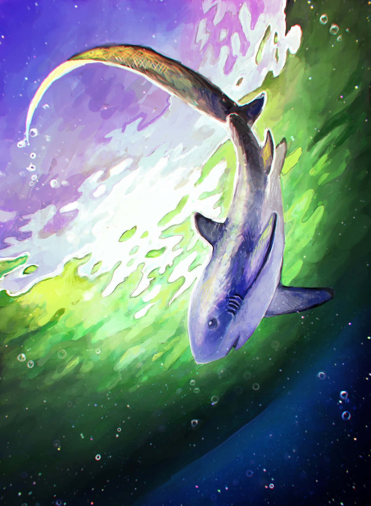 Thresher Shark, cosmic ocean, purple nebulae, HD Phone Wallpaper