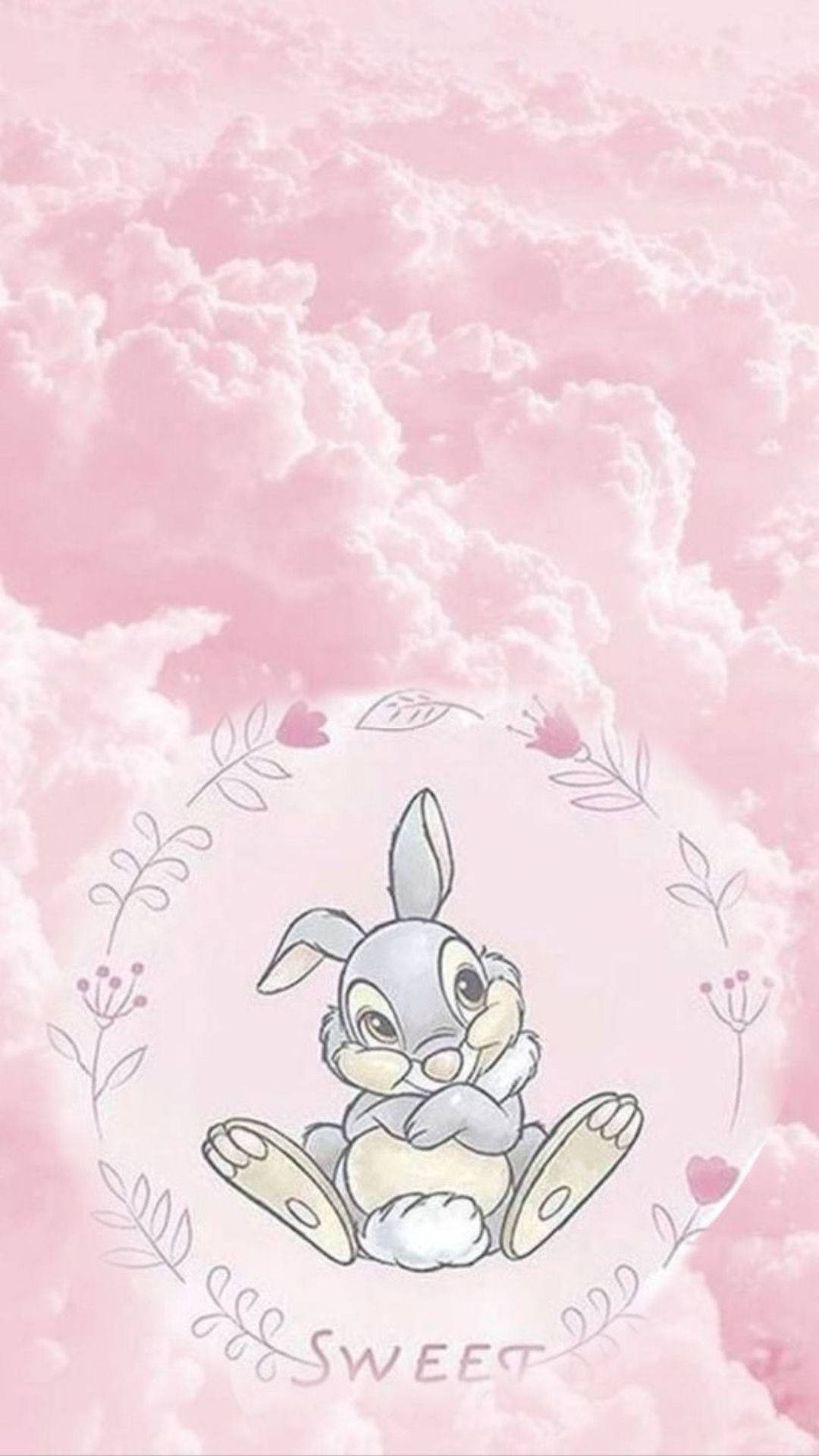 Thumper, Pink Clouds, circular floral wreath, Full HD Phone Wallpaper