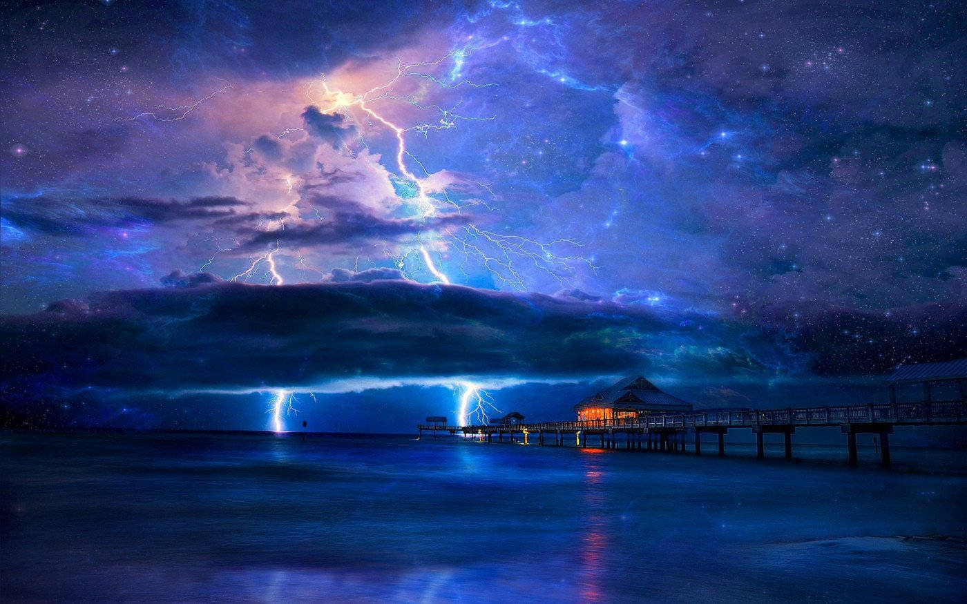 Thunderstorm, Ocean, Wooden pier, HD Desktop Wallpaper