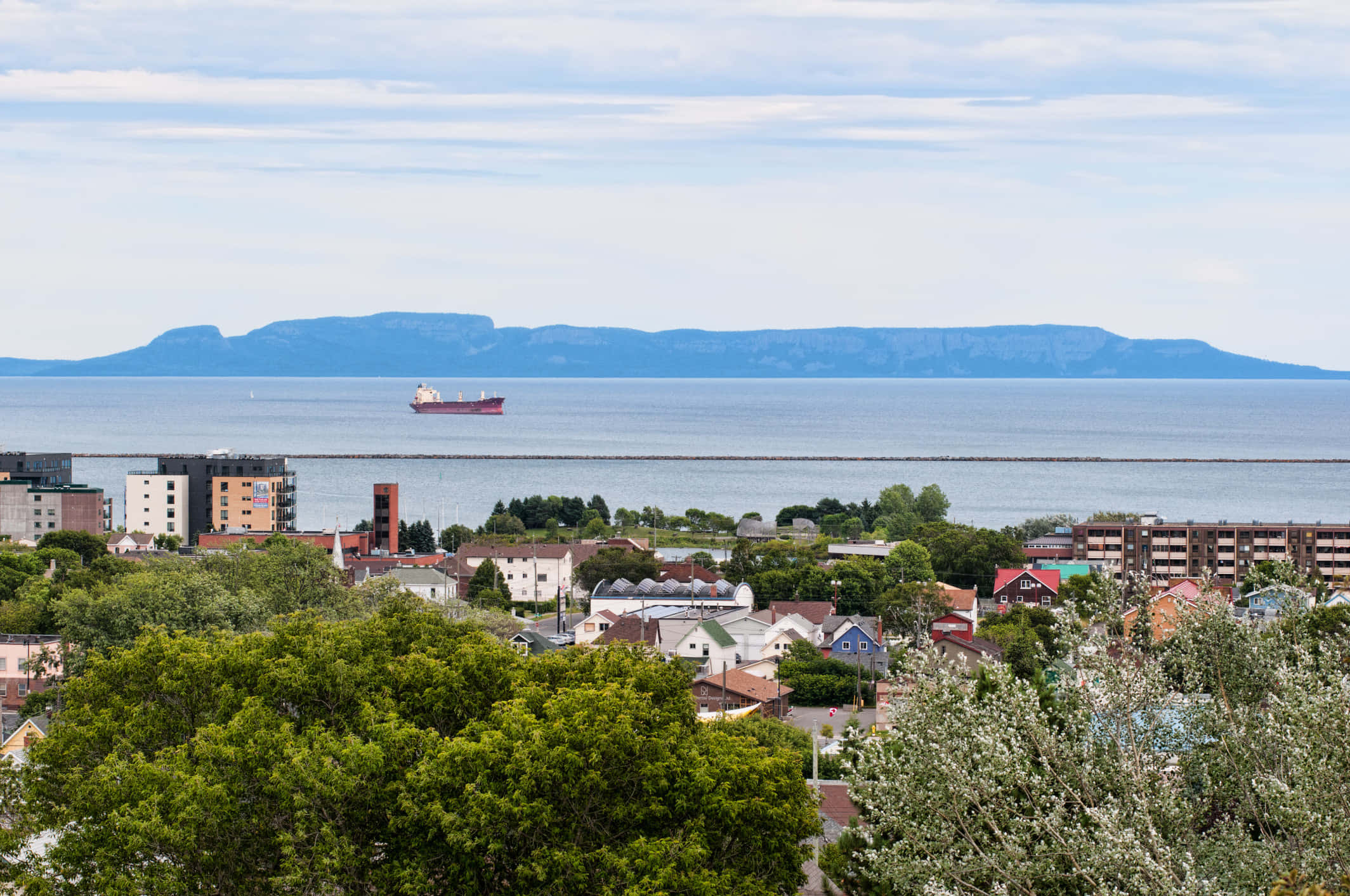 Thunder Bay, red cargo ship, calm sea, Full HD Desktop Wallpaper