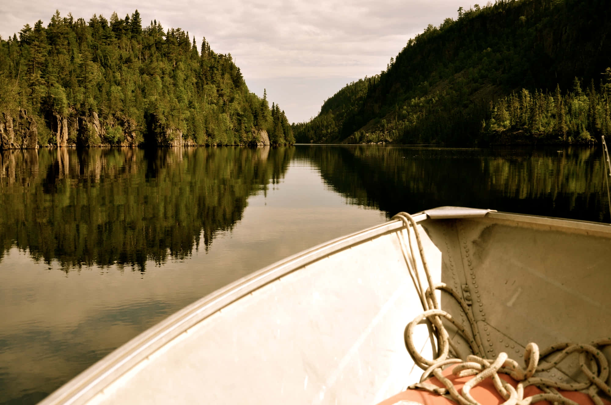 Thunder Bay, white canoe, calm lake, Full HD Desktop Wallpaper