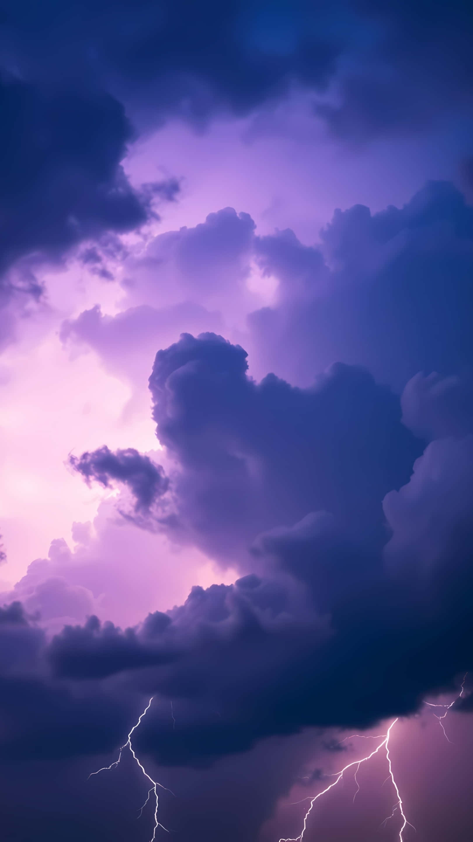 purple sky, vivid white lightning bolts, towering storm clouds, 2K Phone Wallpaper