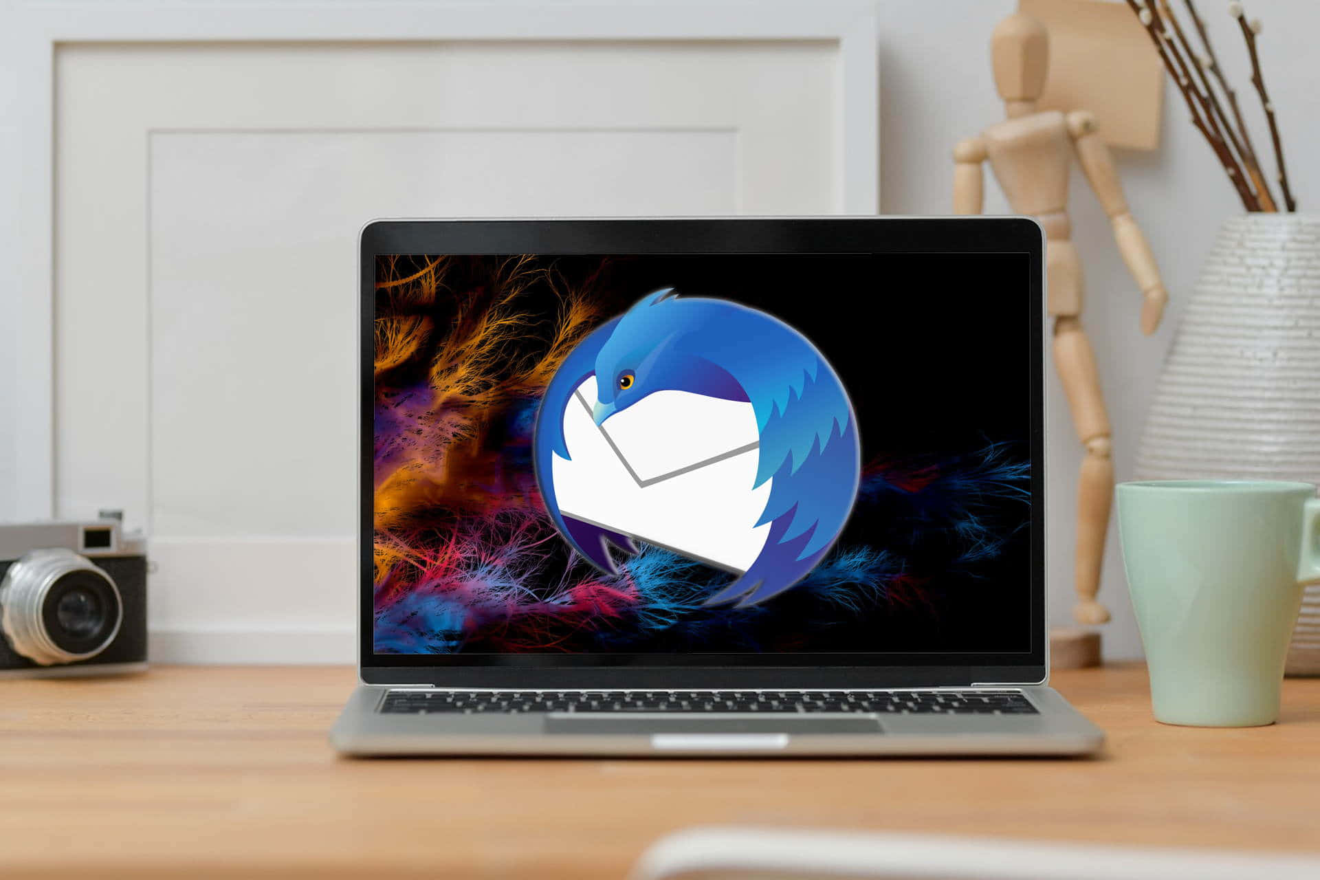 Thunderbird, blue bird, wooden desk, Full HD Desktop Wallpaper