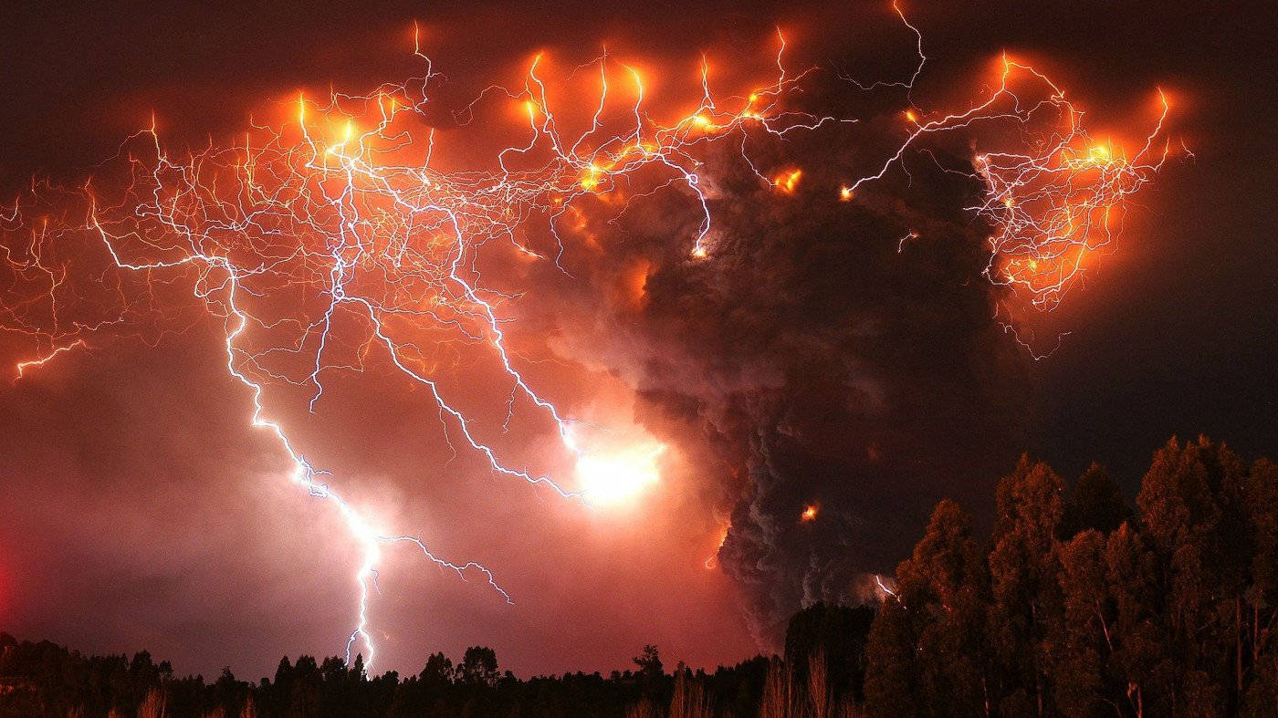 orange thunderstorm, volcanic eruption, fiery lightning, HD Desktop Wallpaper