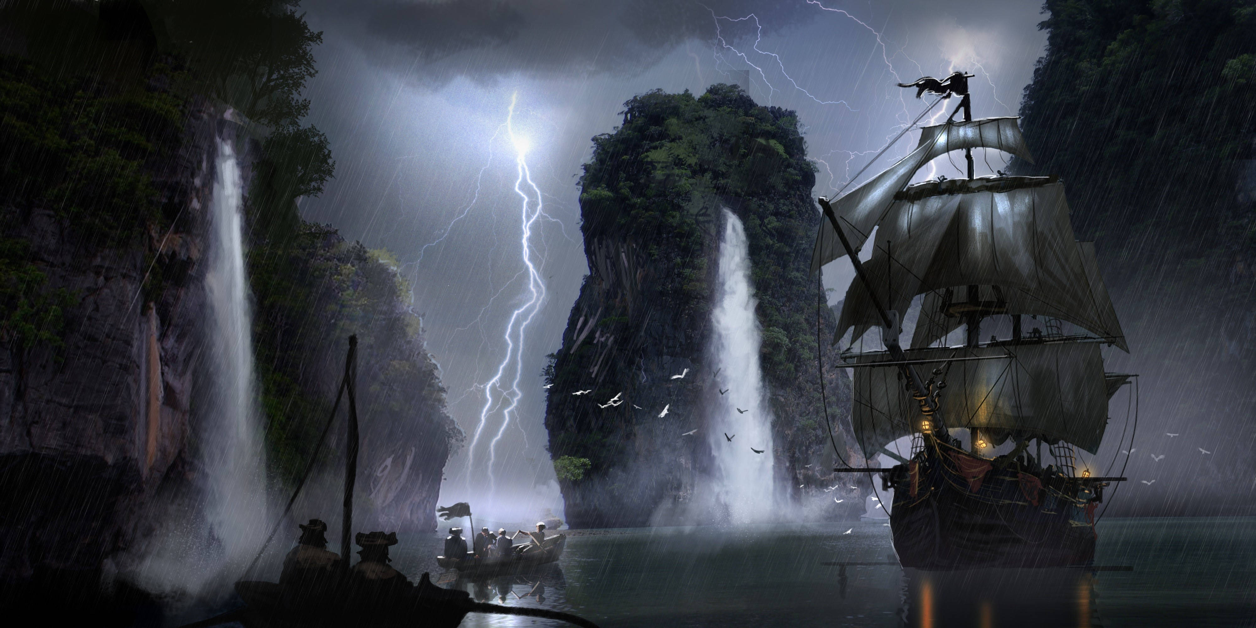 4K, pirate ship, thunder storm, 4K Desktop Wallpaper