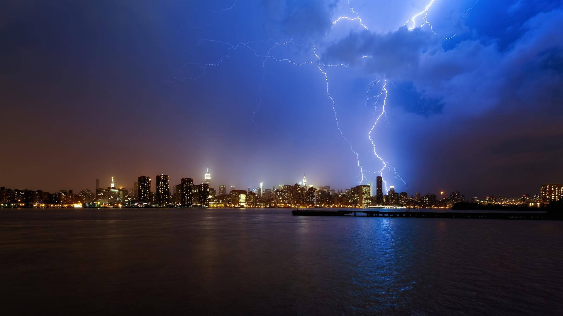 Thunderstorm, skyscrapers, lightning strike, Full HD Desktop Wallpaper