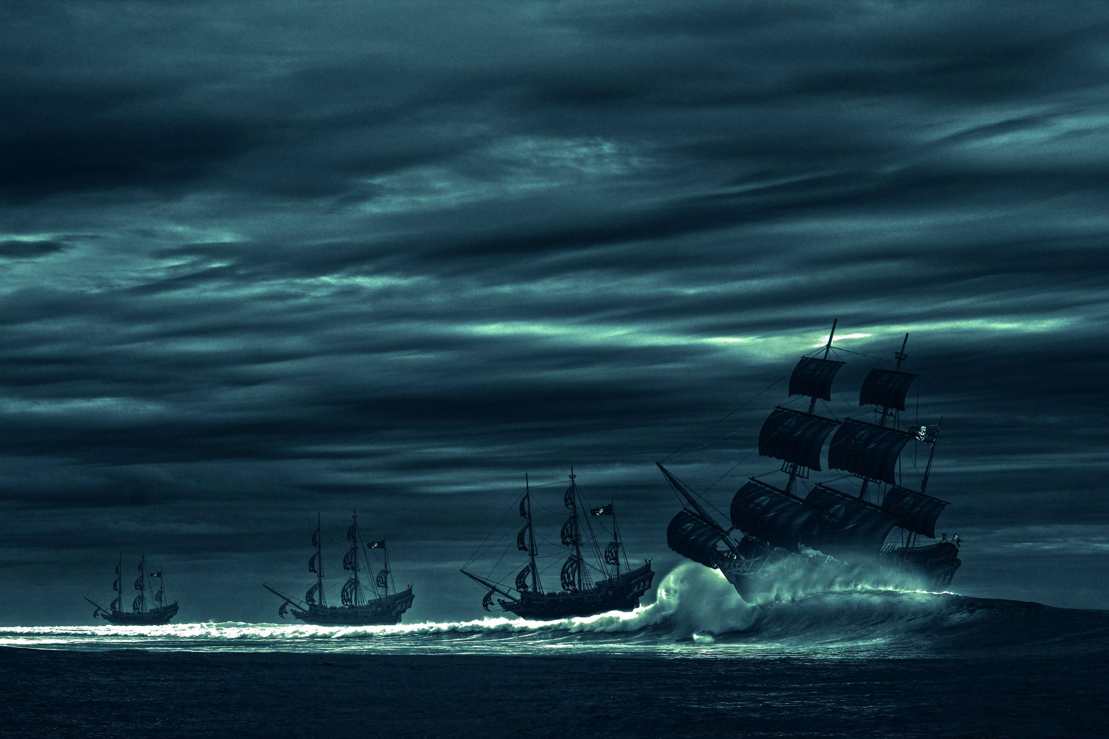 pirate ships, stormy night, teal waters, 4K Desktop Wallpaper