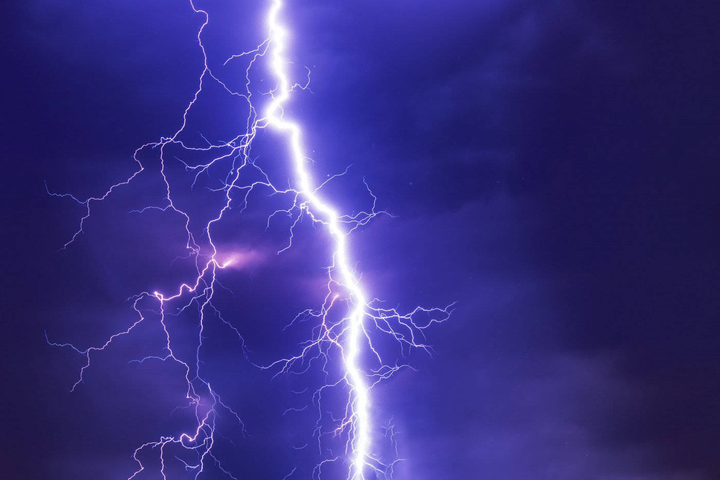 Thunderstorm, lightning strike, deep purple storm sky, HD Desktop Wallpaper