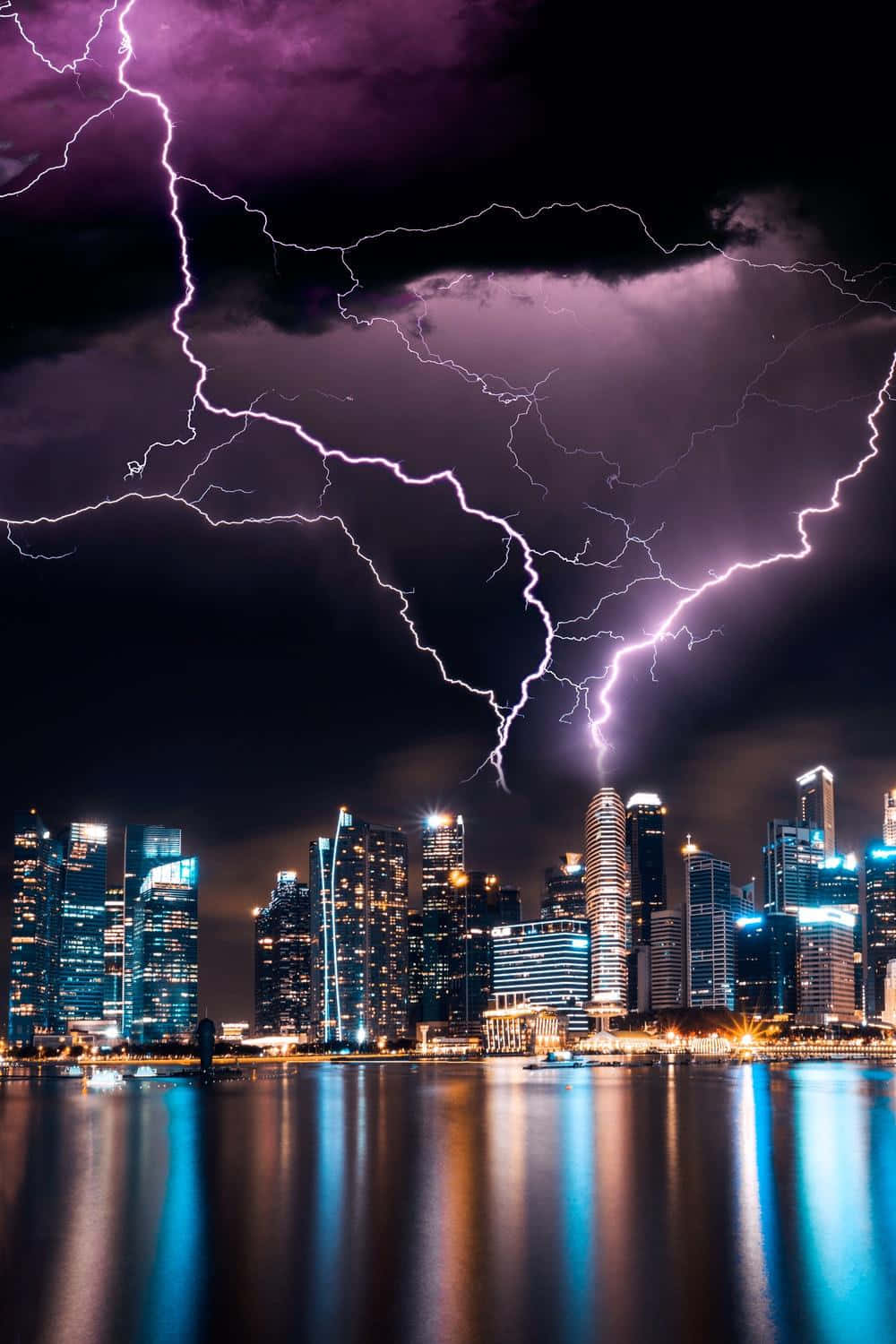 purple lightning, stormy night sky, glowing cityscape, HD Phone Wallpaper