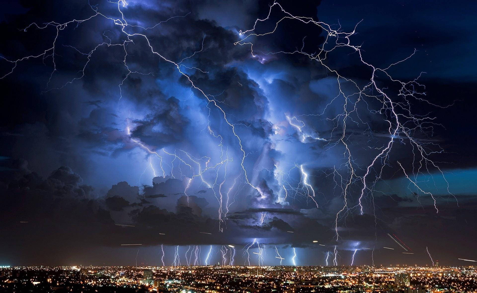 Thunderstorm, bright city, stormy night sky, Full HD Desktop Wallpaper