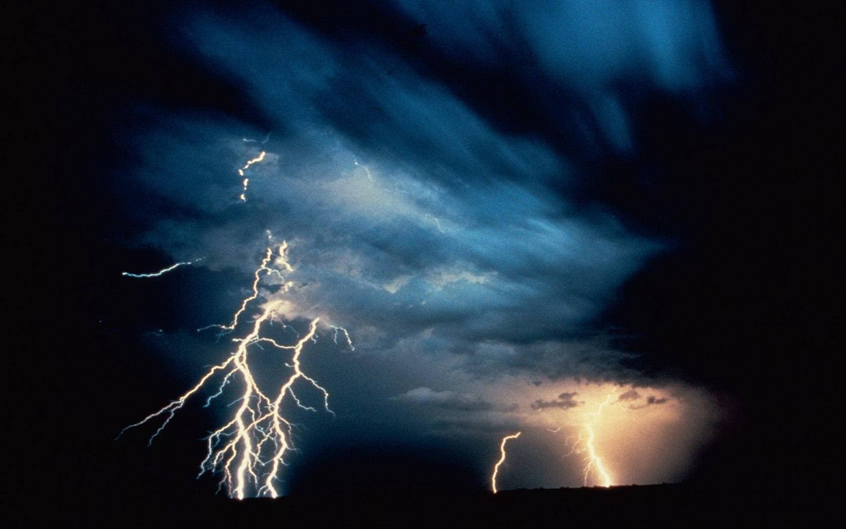 Thunderstorm, distant lighting, vivid lightning bolts, HD Desktop Wallpaper