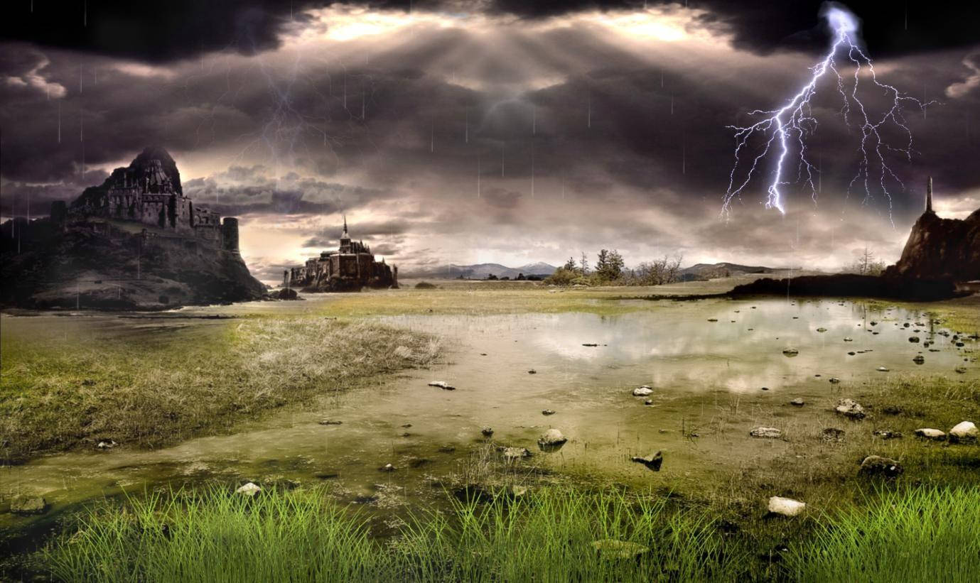 swamp thunderstorm, ancient ruins, muddy field, HD Desktop Wallpaper