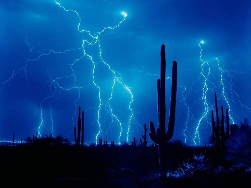 Blue Desert Thunderstorm, saguaro cacti, jagged blue lightning bolts, SD Desktop Wallpaper