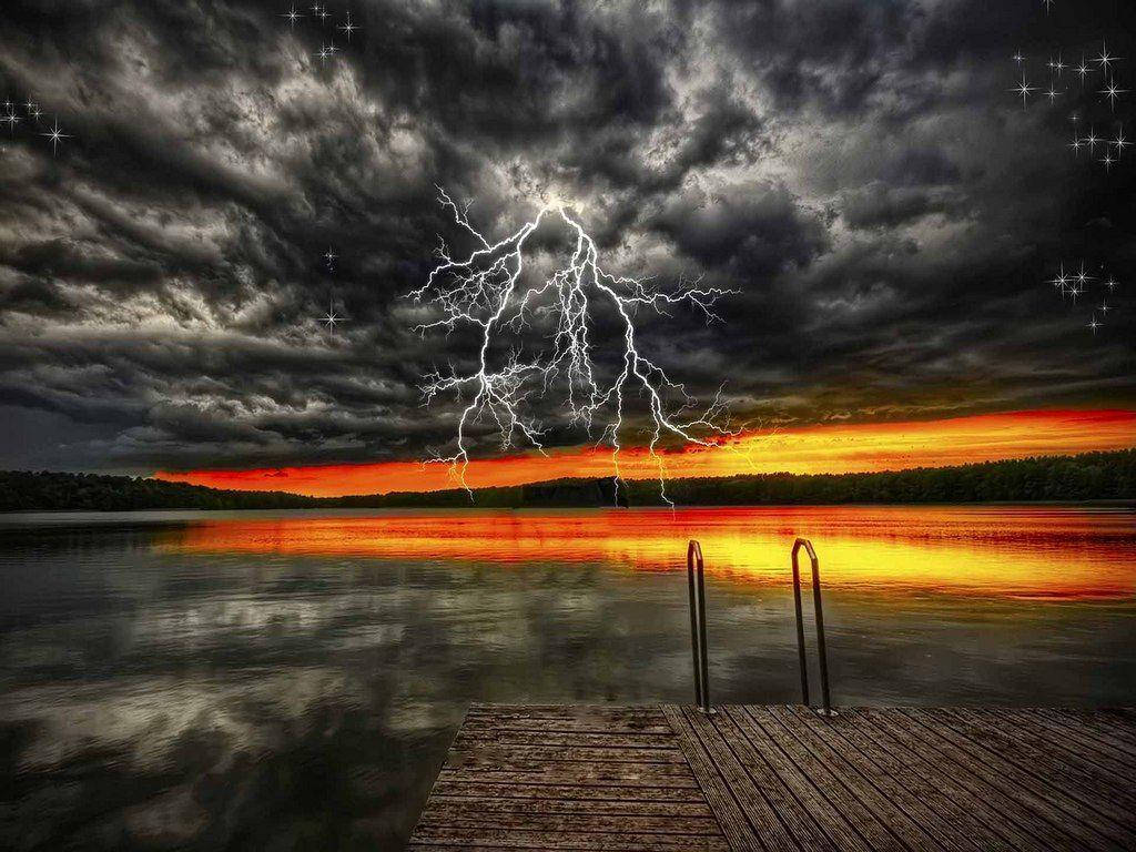 sunset, thunderstorm, wooden dock, SD Desktop Wallpaper