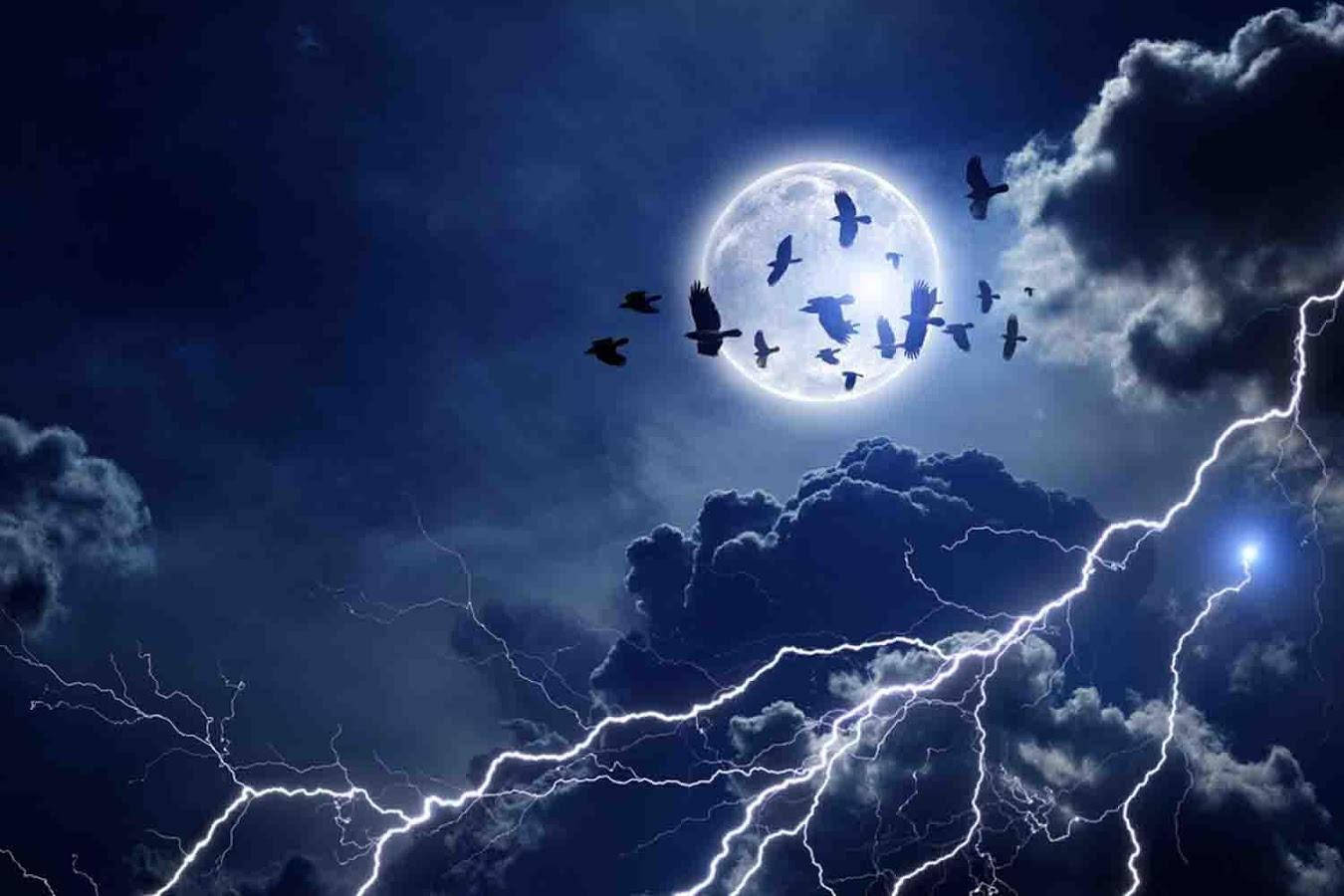 Thunderstorm, ravens, glowing full moon, HD Desktop Wallpaper
