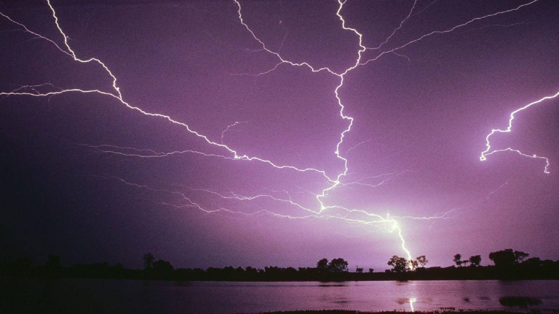 Thunderstorm, purple background, vivid white lightning bolts, Full HD Desktop Wallpaper