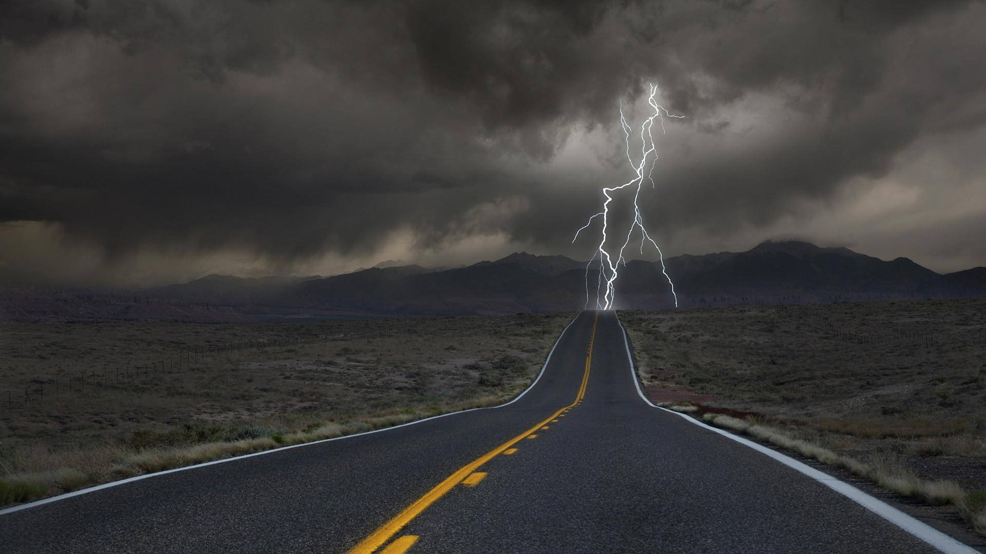 Thunderstorm, asphalt road, mountains, Full HD Desktop Wallpaper
