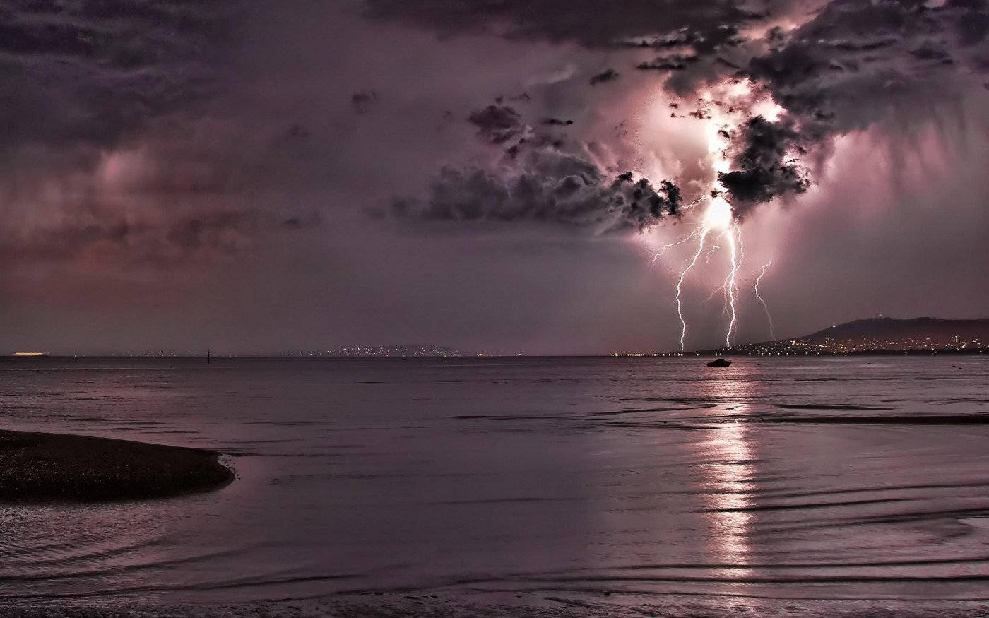 distant thunderstorm, stormy night, calm sea, HD Desktop Wallpaper