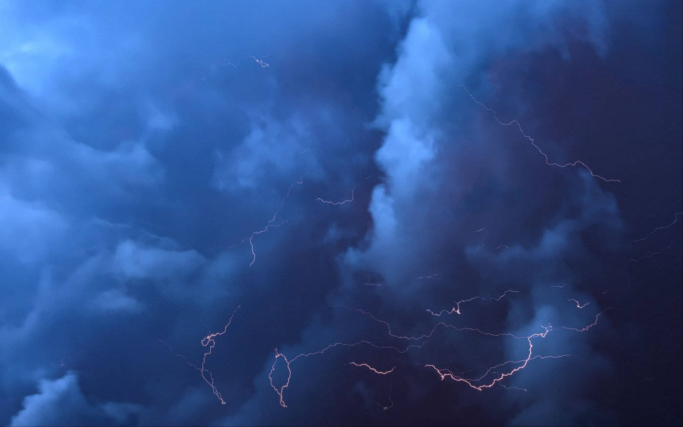 Thunderstorm, jagged lightning bolts, deep blue sky, HD Desktop Wallpaper