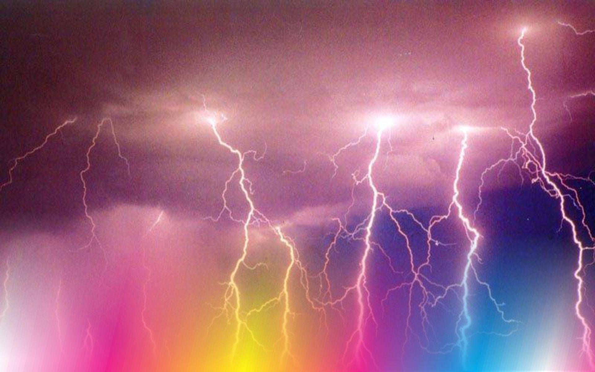 colorful thunderstorm, vivid lightning bolts, stormy sky, Full HD Desktop Wallpaper