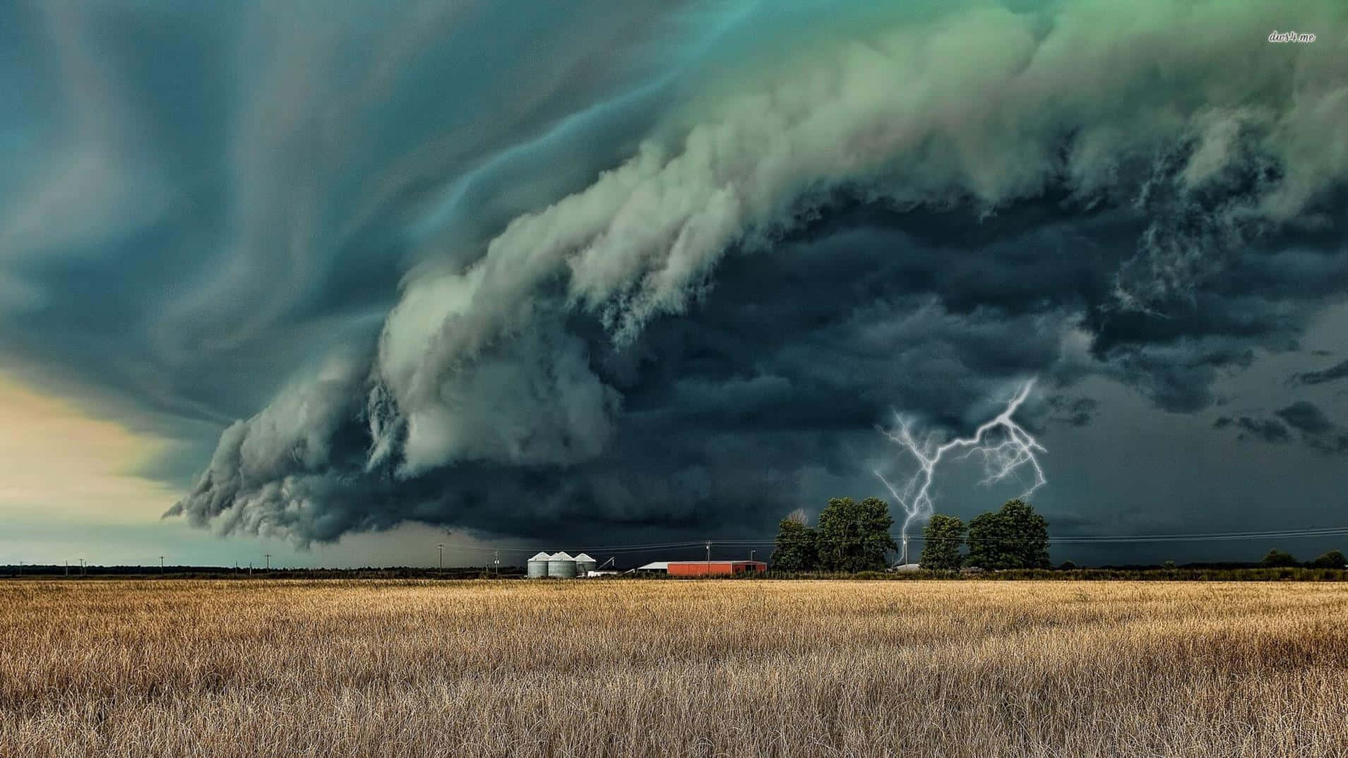Tumultuous Thunderclouds, rural field, farm buildings, HD Desktop Wallpaper