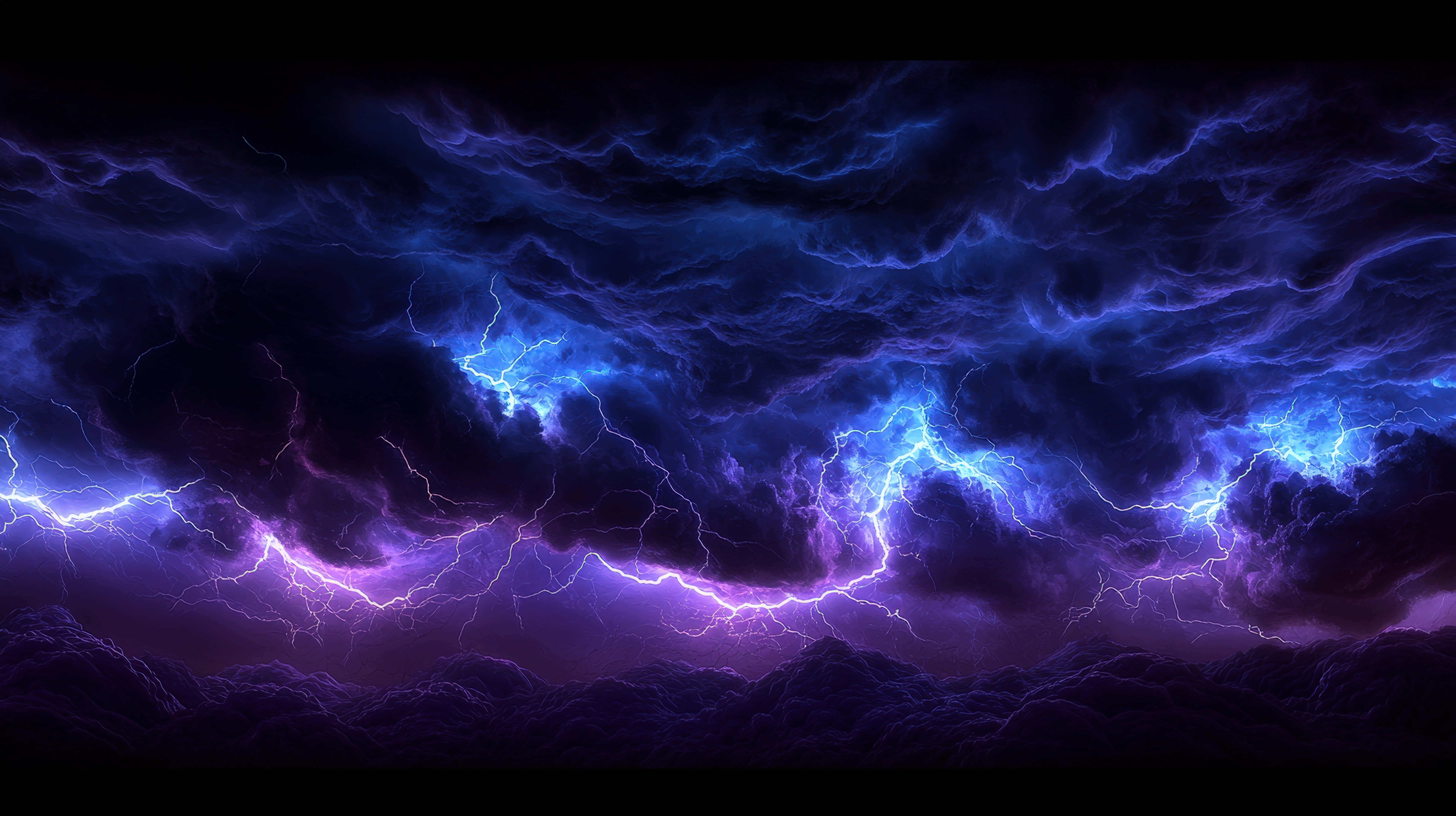 purple lightning bolts, turbulent storm sky, jagged mountain peaks, 8K Desktop Wallpaper