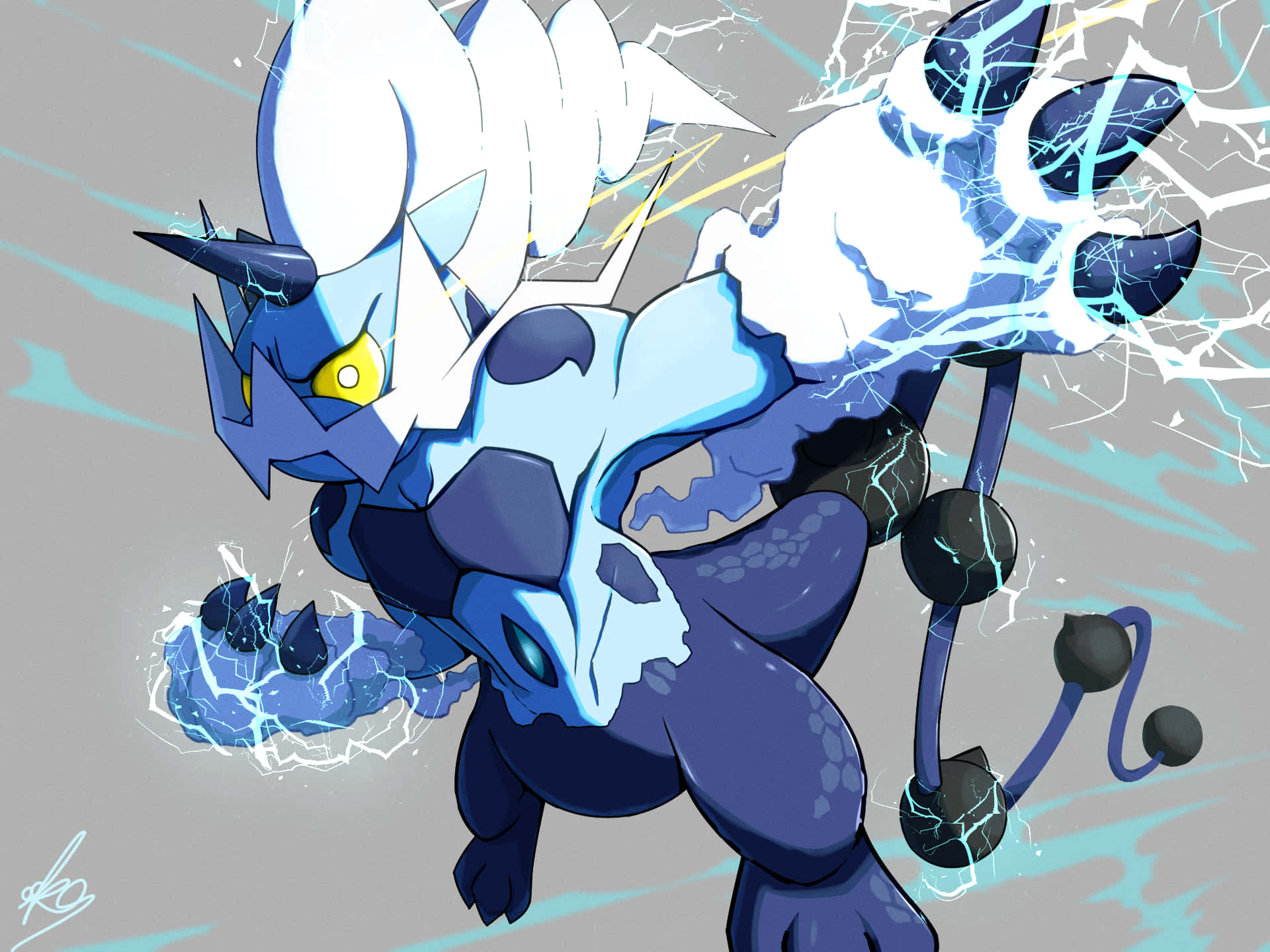 Thundurus, blue and white electric dragon, glowing yellow eyes, Full HD Desktop Wallpaper