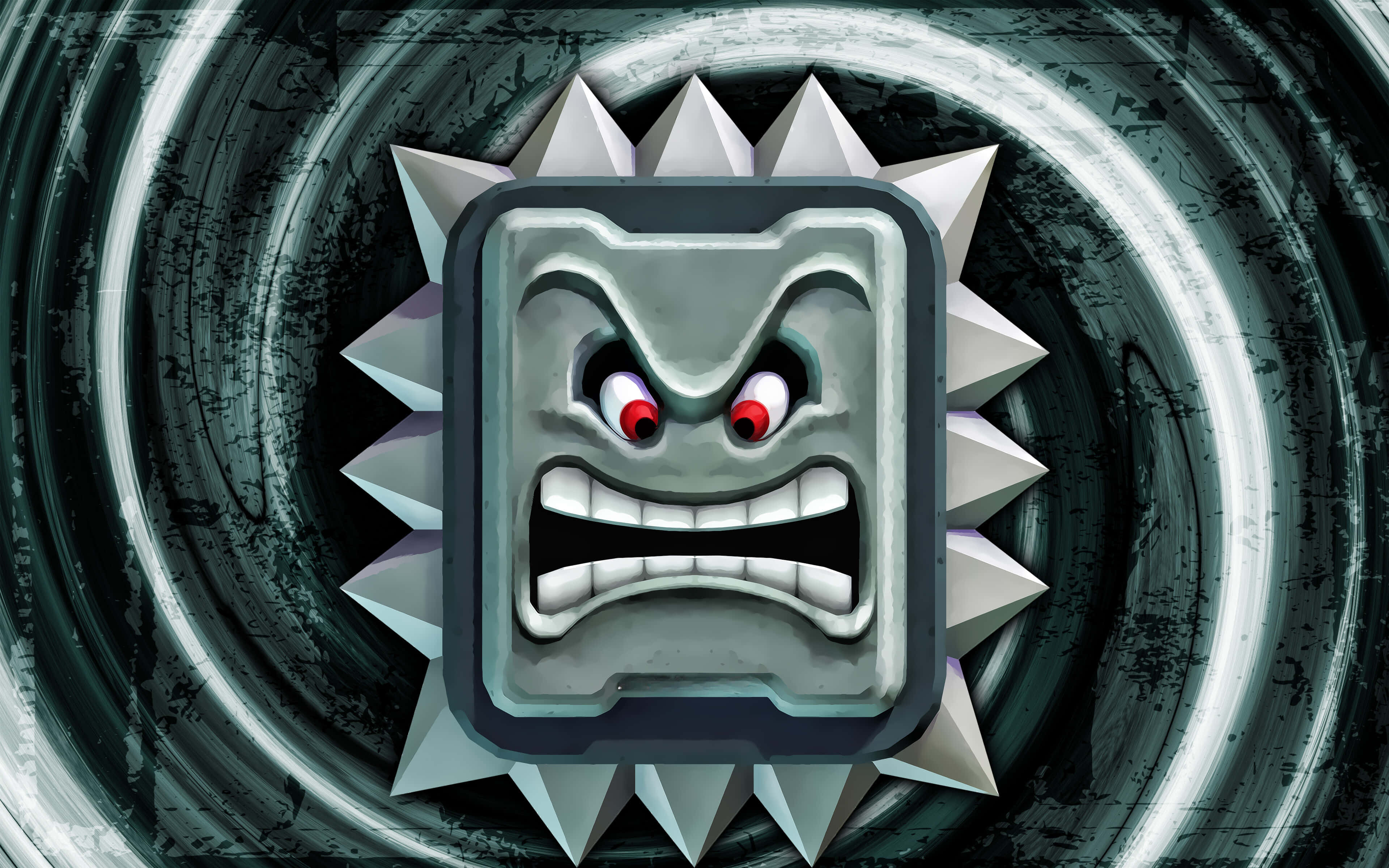 Thwomp, spiked metallic face, glowing red eyes, 4K Desktop Wallpaper