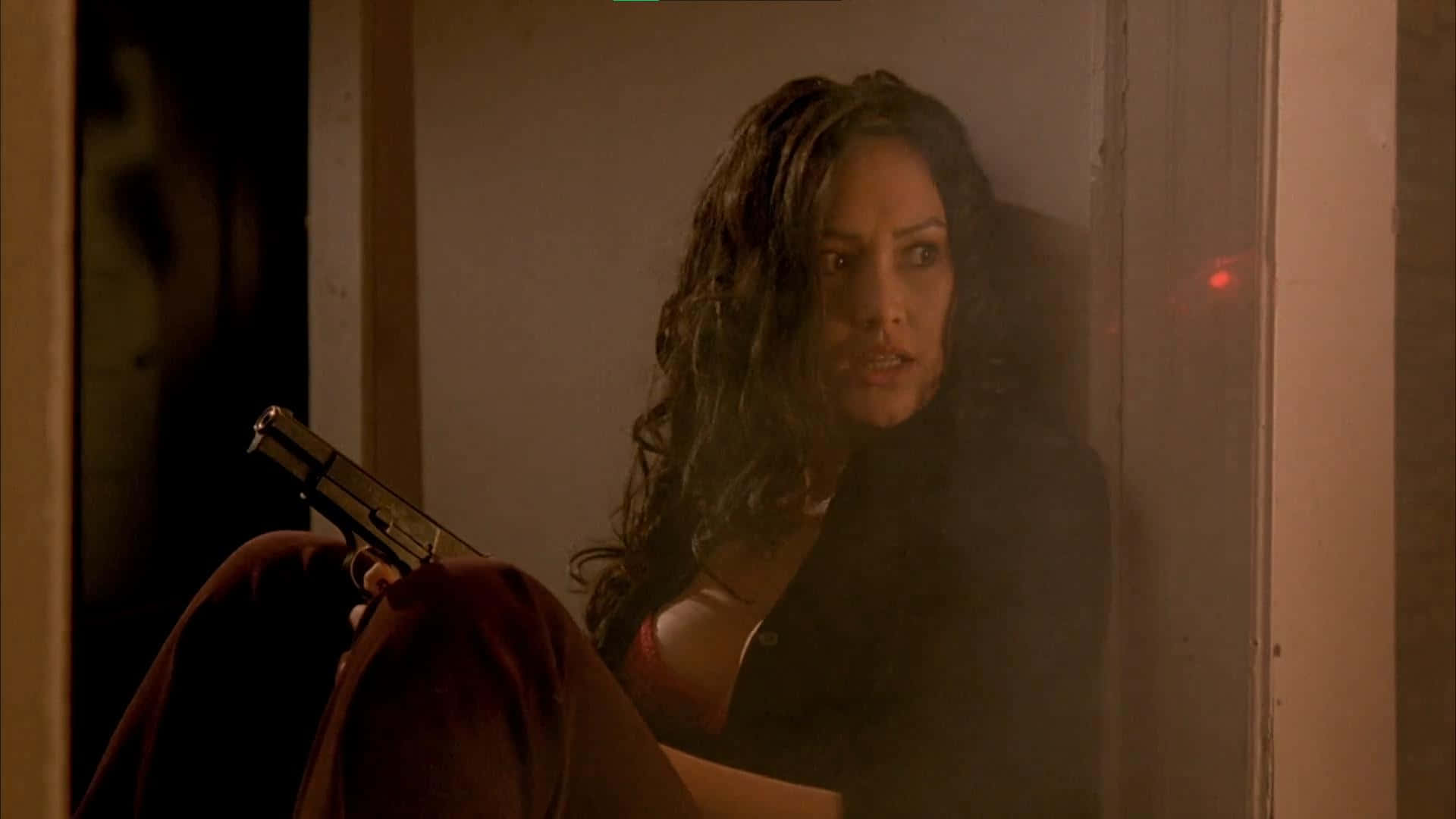 Tia Carrere, dark curly hair, dimly lit doorway, Full HD Desktop Wallpaper