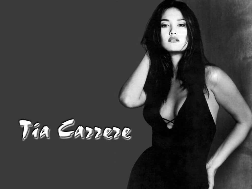 Tia Carrere, black dress, gray background, SD Desktop Wallpaper