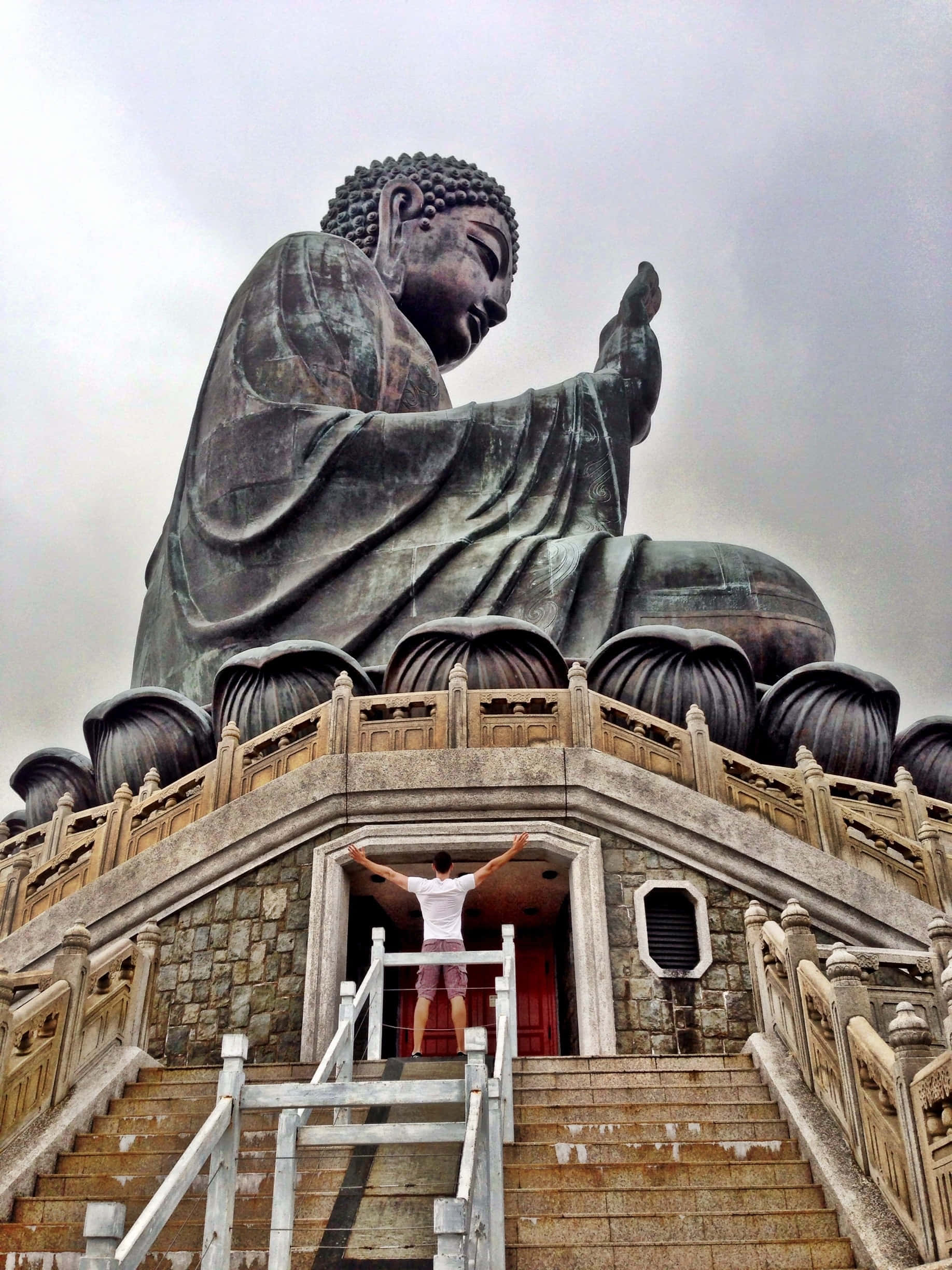 Tian Tan Buddha, overcast sky, person, Full HD Phone Wallpaper