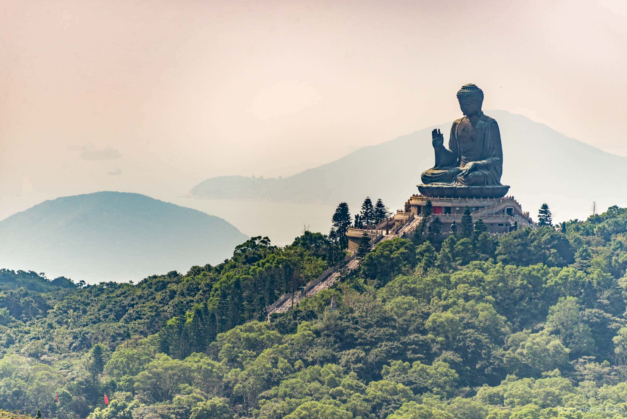 Tian Tan Buddha, lush green hill, misty mountains, Full HD Desktop Wallpaper