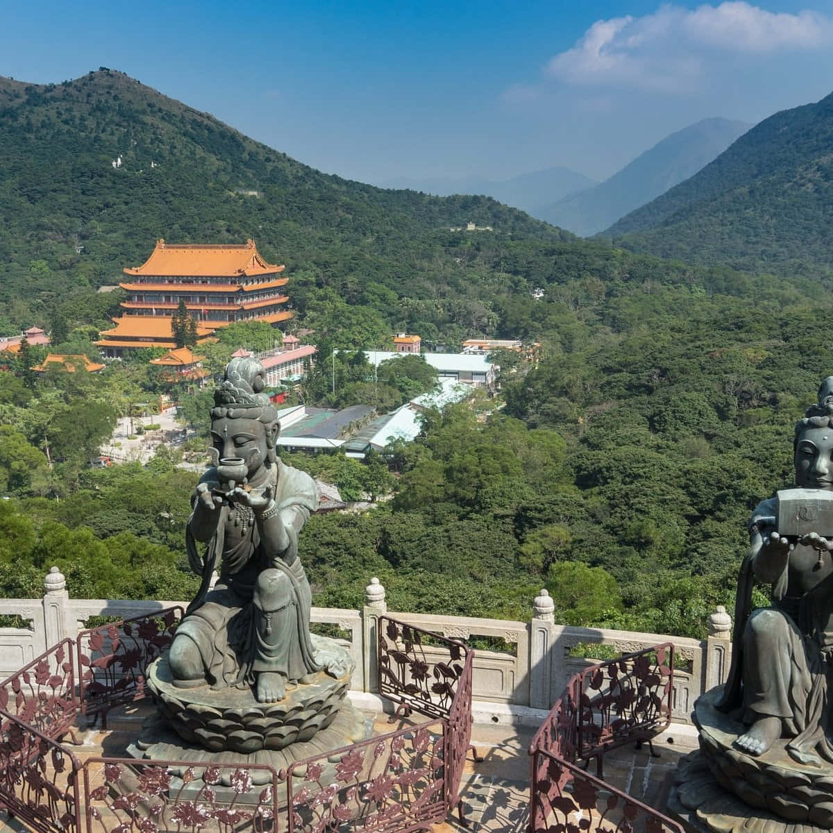 Tian Tan Buddha, stone statues, lush valley, SD Desktop Wallpaper