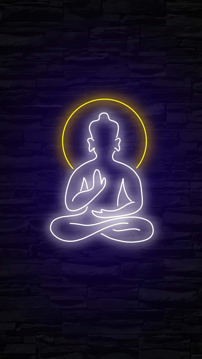 neon Buddha, yellow halo, dark stone wall, HD Phone Wallpaper