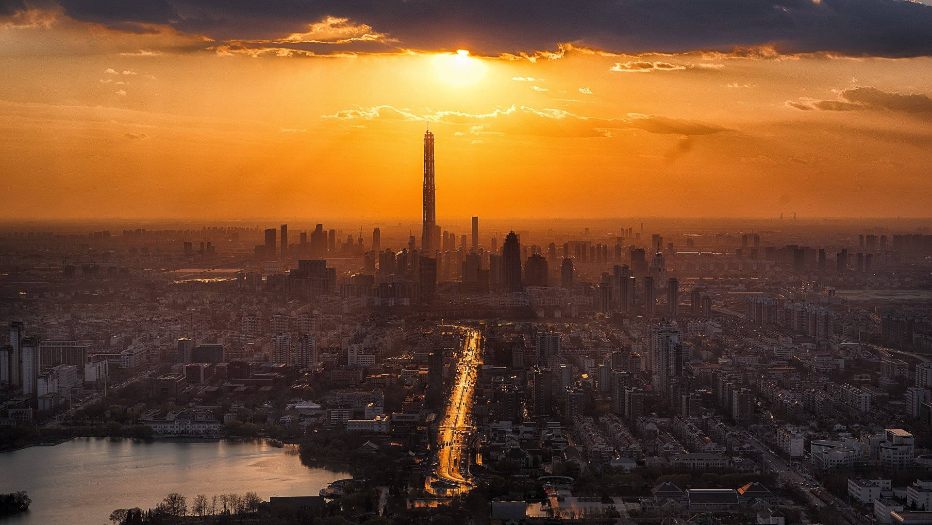 Tianjin, sunset, golden sun rays, Full HD Desktop Wallpaper