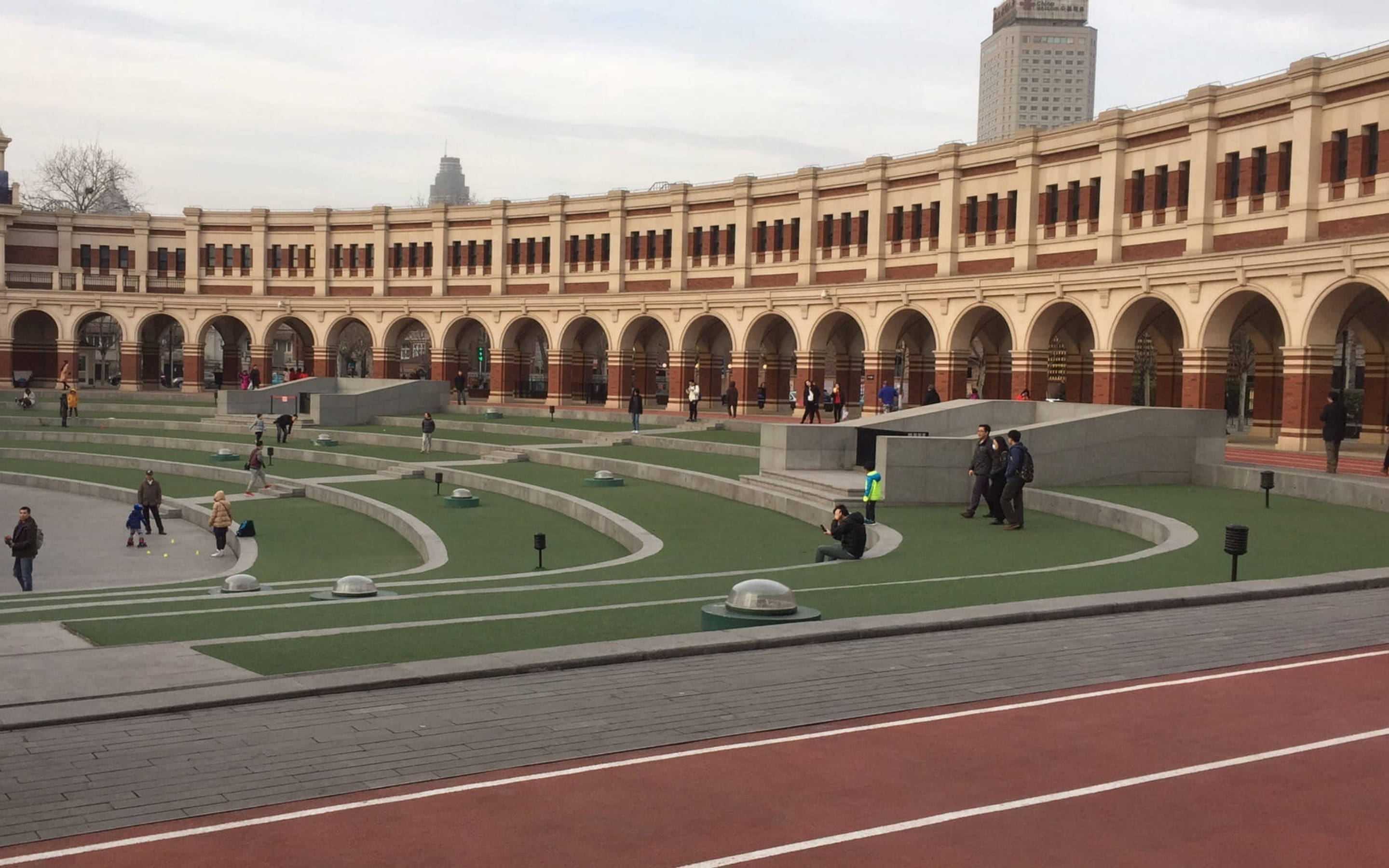 Tianjin Stadium, modern green terraced plaza, grand arched colonnade, 2K Desktop Wallpaper