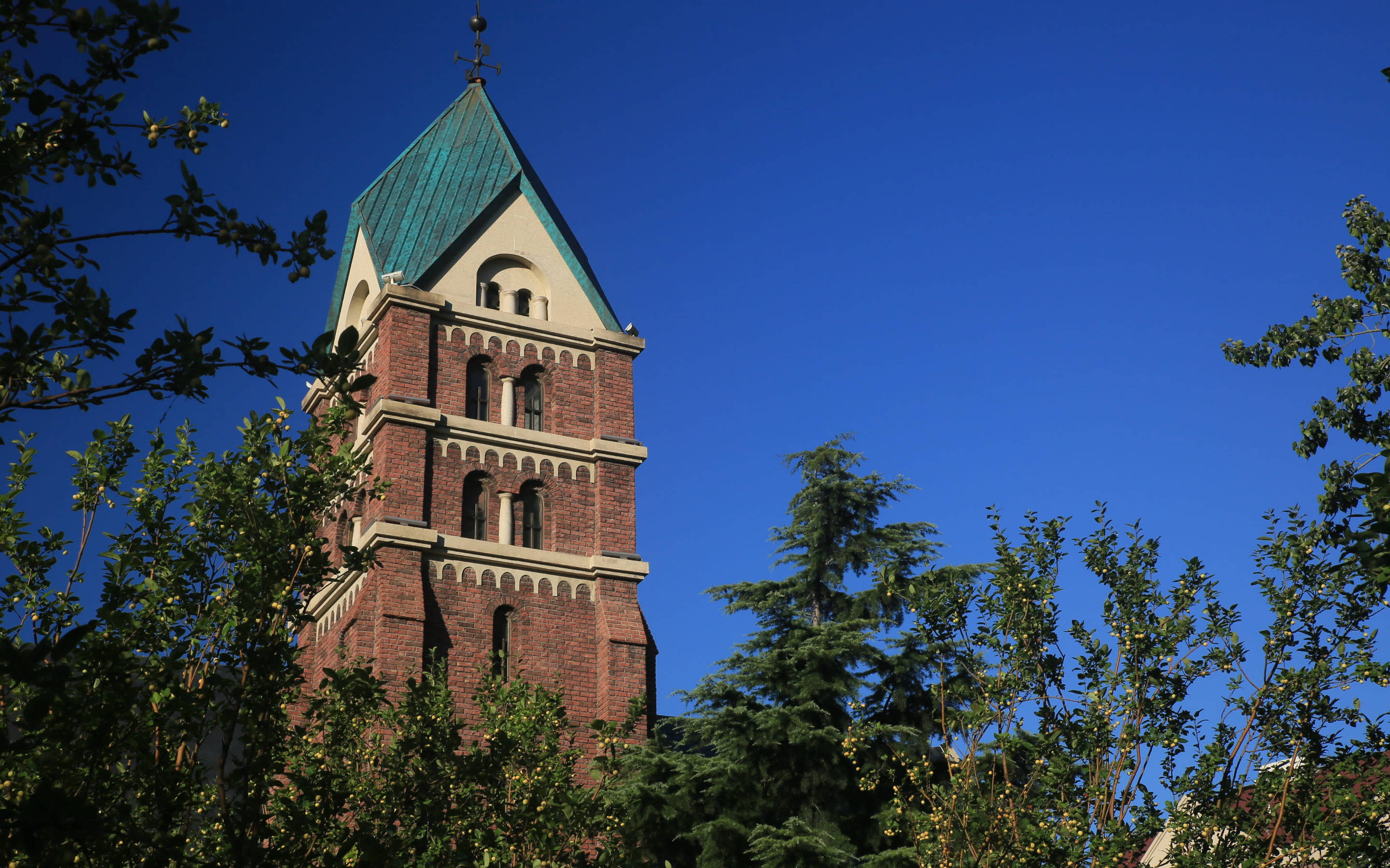 Tianjin, red brick church tower, green copper roof, 2K Desktop Wallpaper