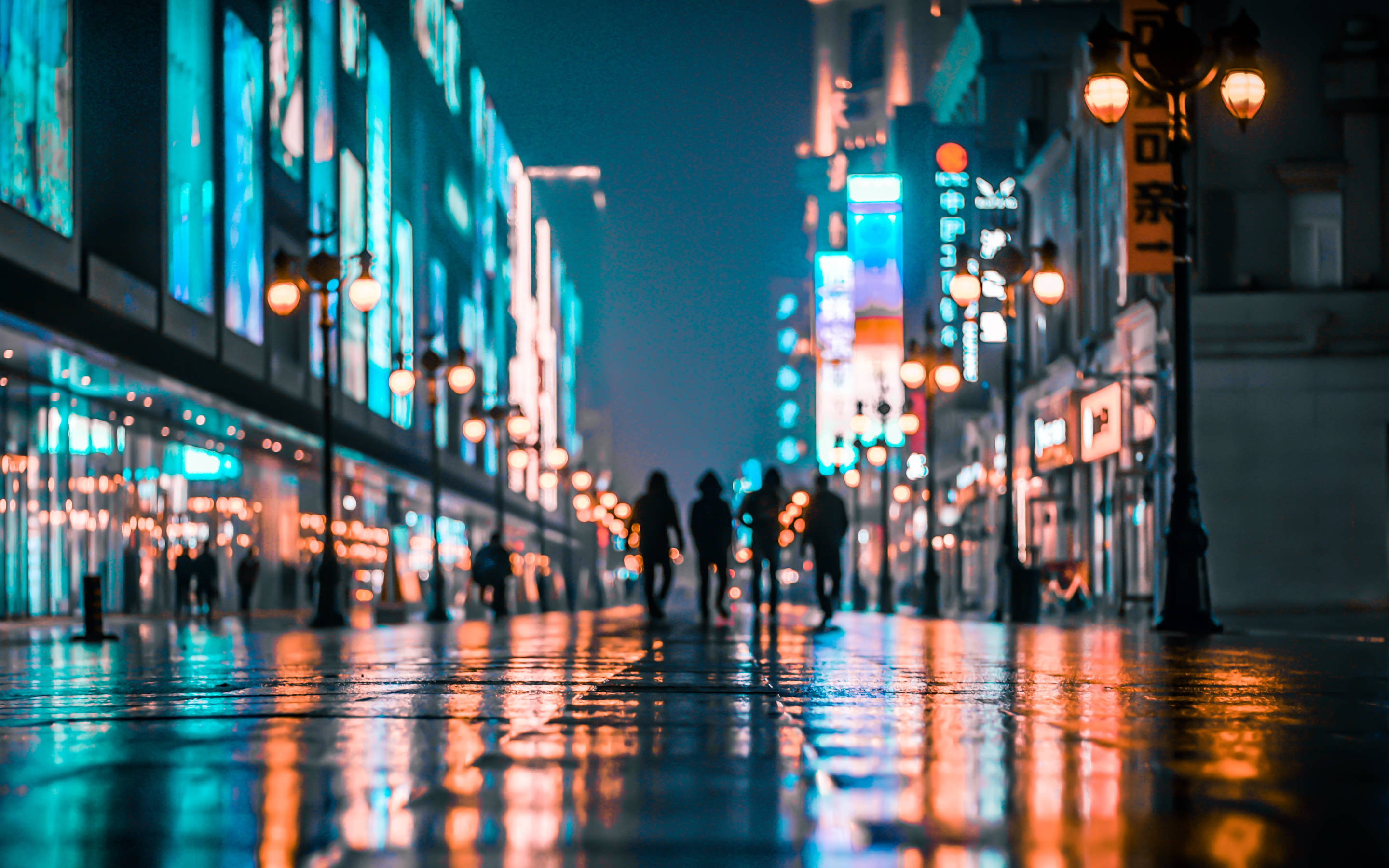Tianjin, neon-lit city street, rain-slicked, 2K Desktop Wallpaper