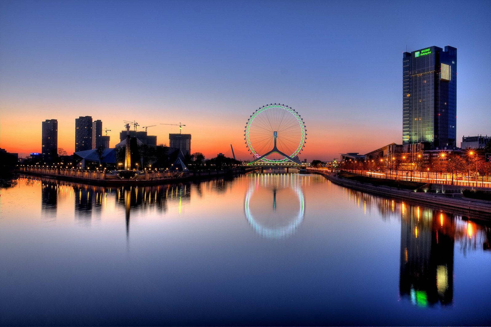 Tianjin Eye, Sunset, Ferris wheel, HD Desktop Wallpaper
