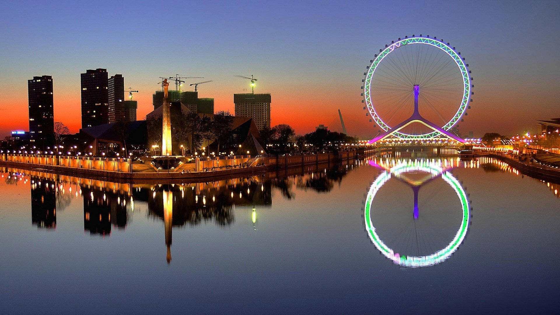 Tianjin Eye, sunset, city skyline, Full HD Desktop Wallpaper