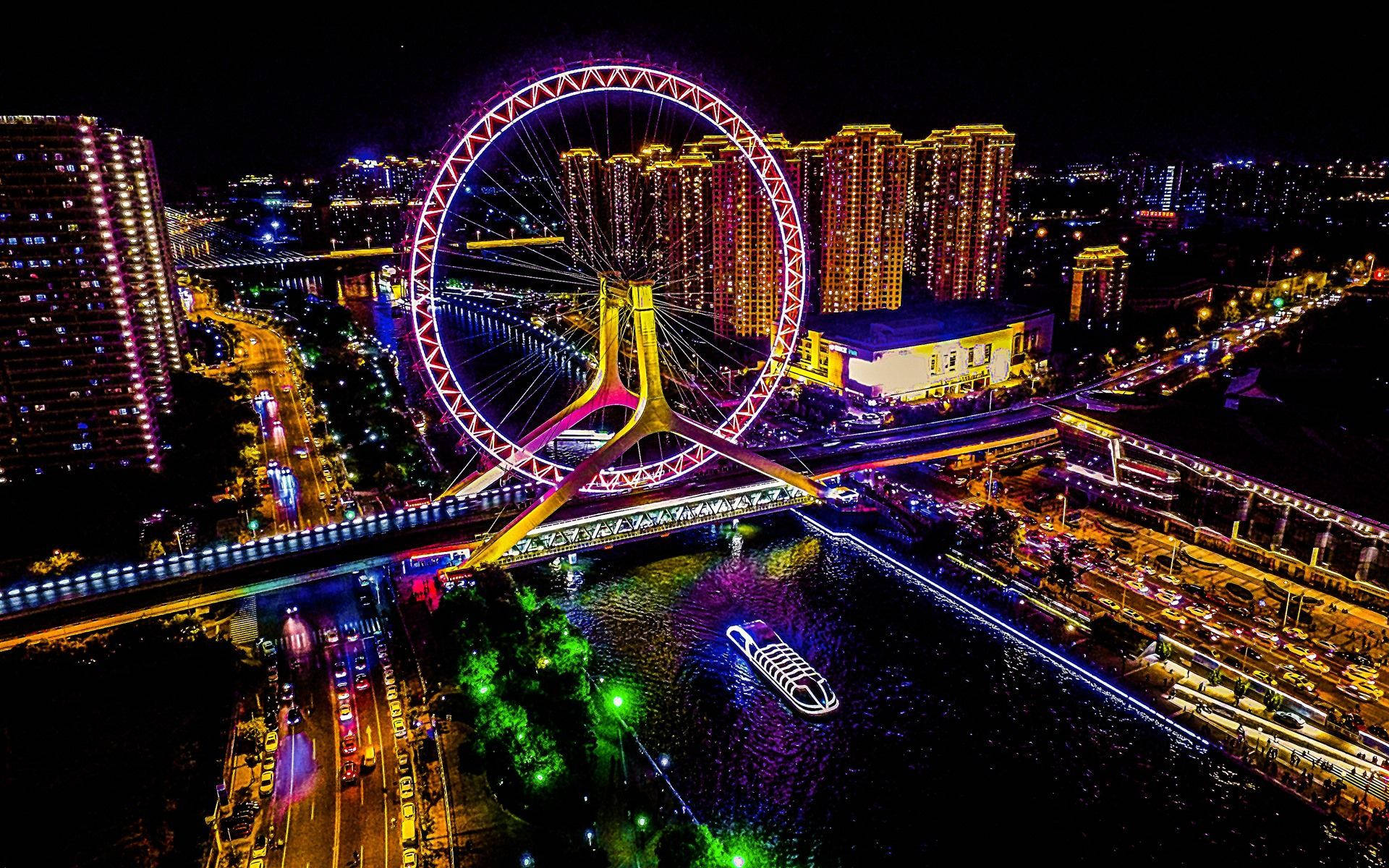 Tianjin, Ferris wheel, river, Full HD Desktop Wallpaper