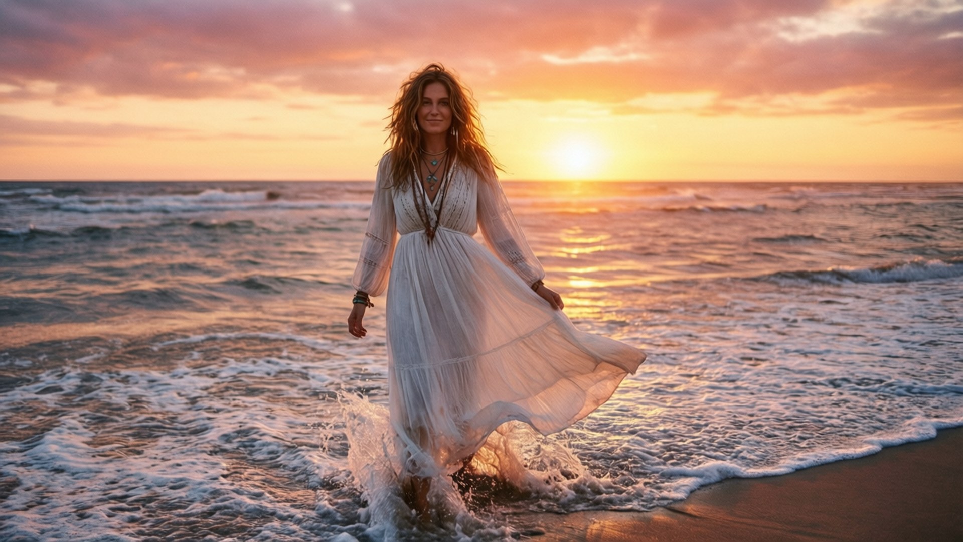 Tiarnie Coupland, boho white dress, beach, Full HD Desktop Wallpaper