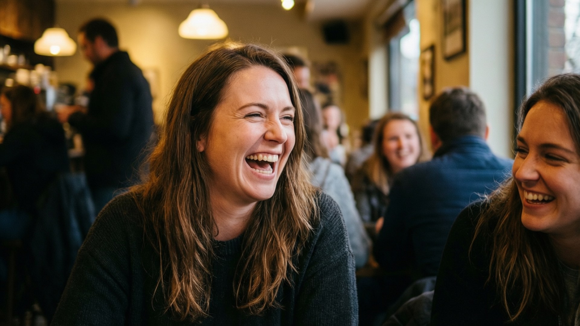 Tiarnie Coupland, cafè, laughing, Full HD Desktop Wallpaper