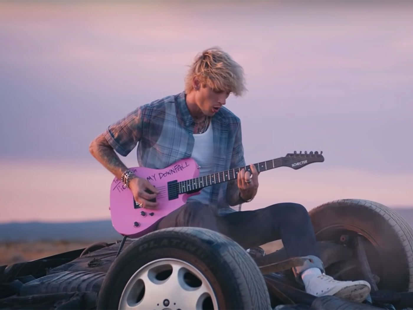 Tickets To My Downfall, pink electric guitar, wrecked car, HD Desktop Wallpaper