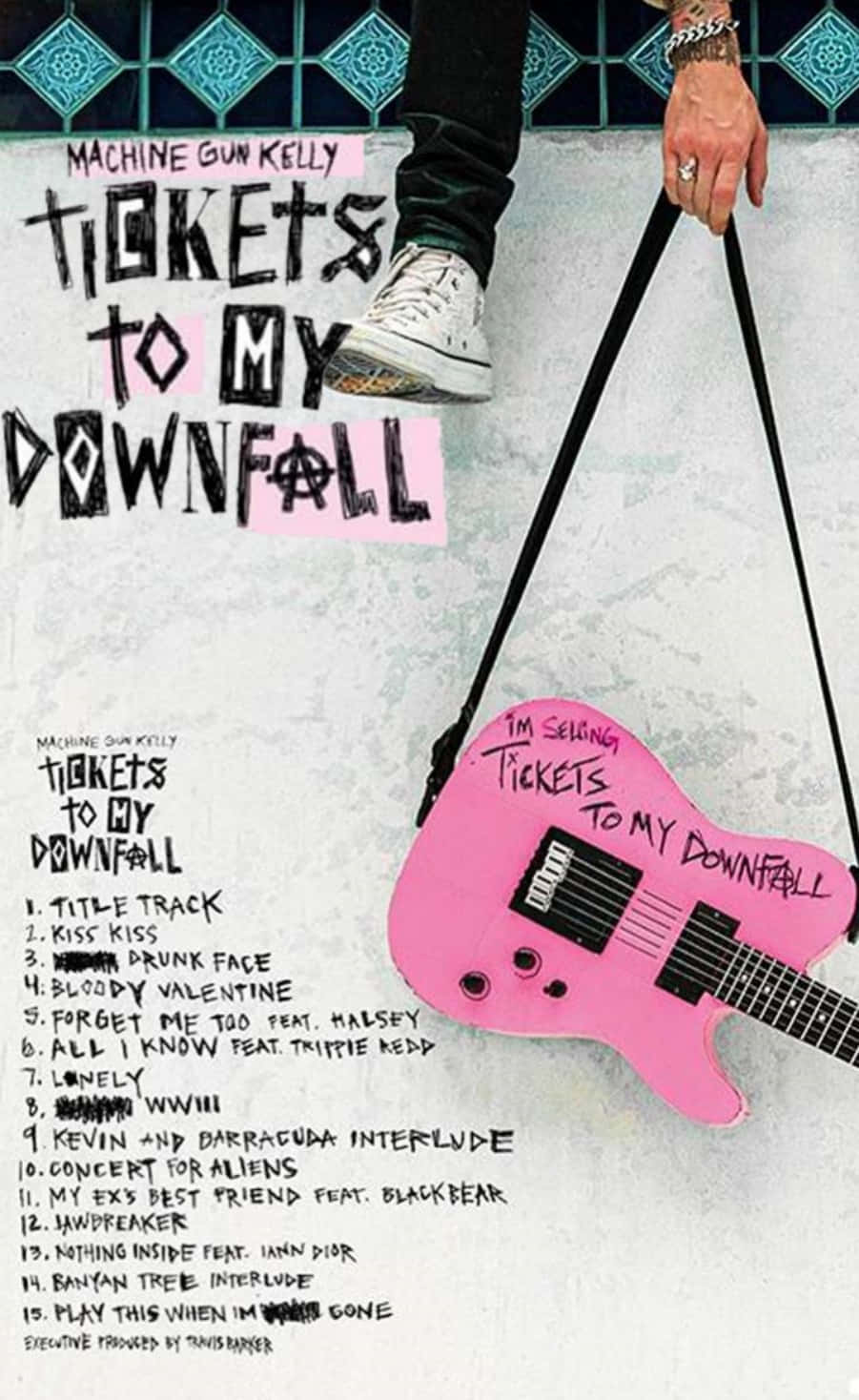 Tickets To My Downfall, pink electric guitar, handwritten album title, HD Phone Wallpaper