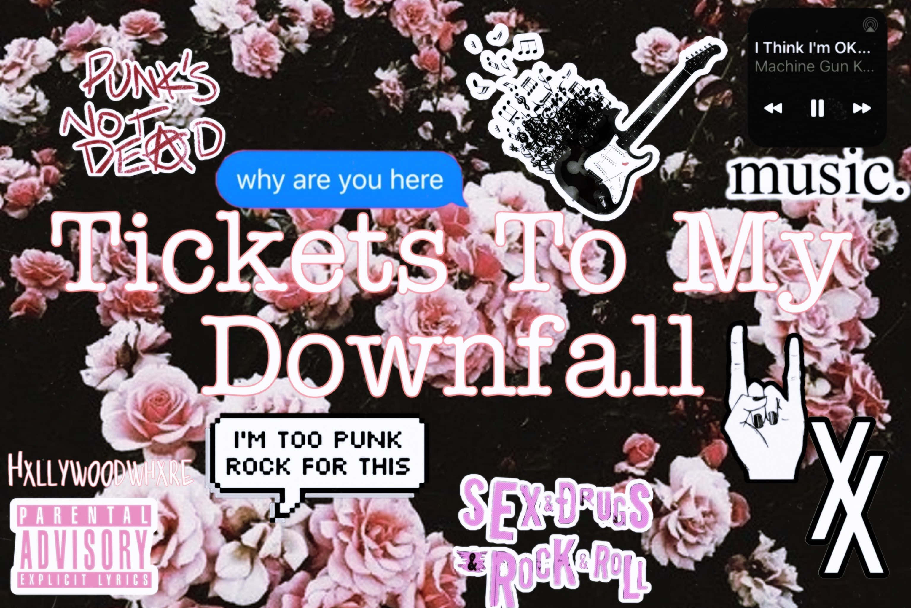 Tickets To My Downfall, pink roses, electric guitar, 2K Desktop Wallpaper